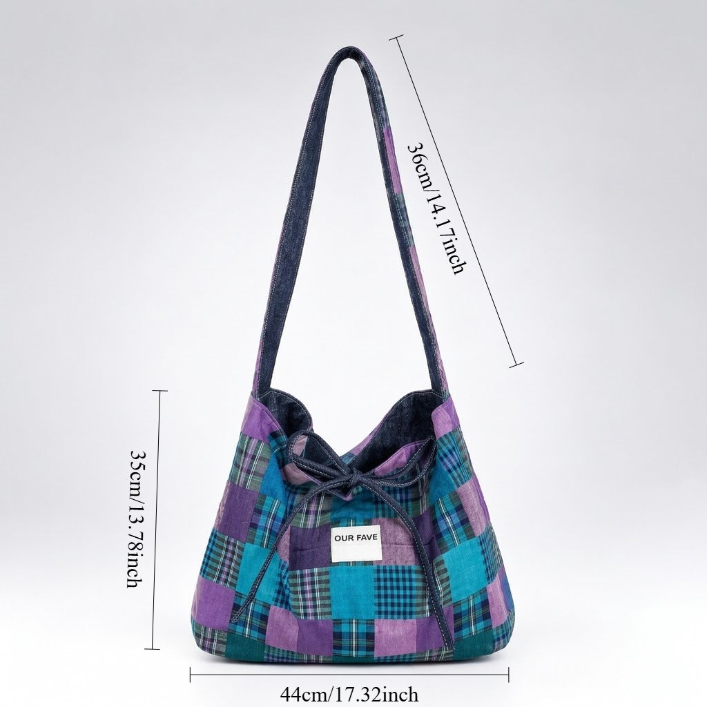 Women's Plaid Denim Tie-Closure Tote Bag N6J203