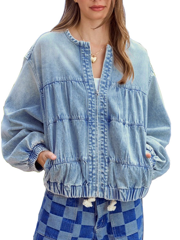 Washed Denim Jacket Women Light Blue Zip Front N5A110
