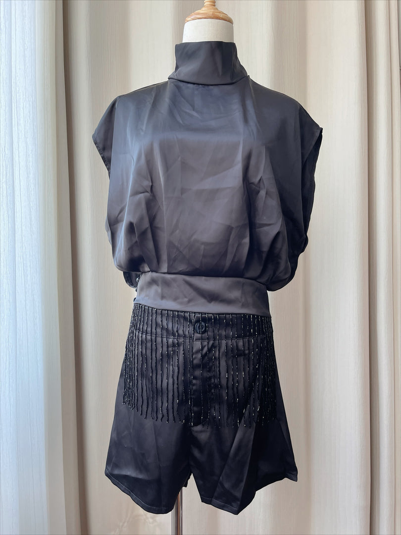 Black Stand Collar Sleeveless Fringe Shorts Set N6F257