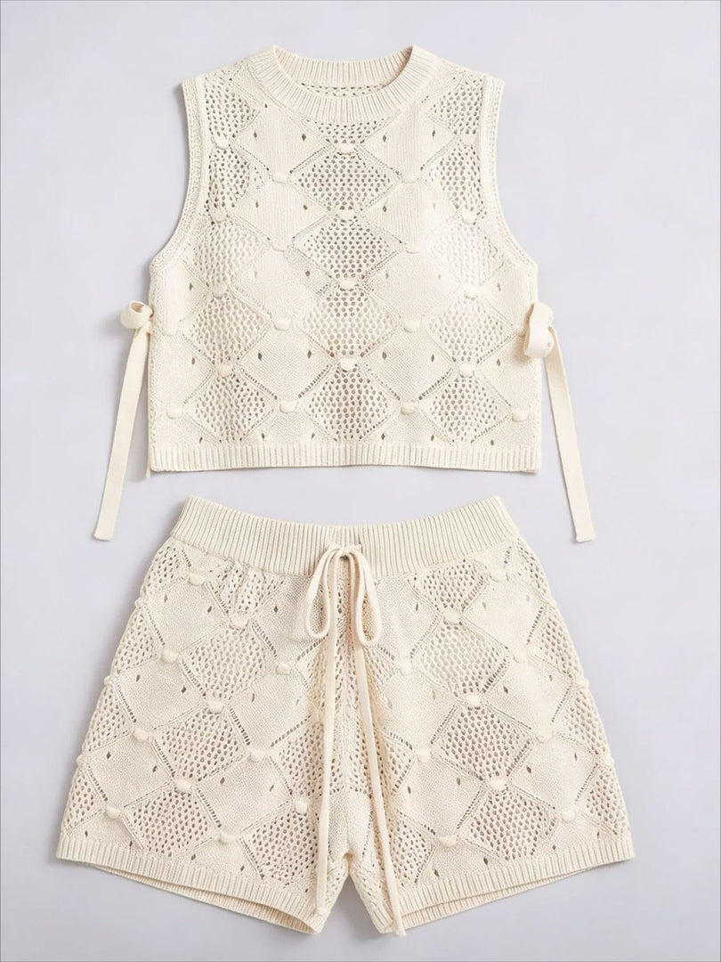 Openwork Knit Sleeveless Vest and Shorts Set Women N6C329