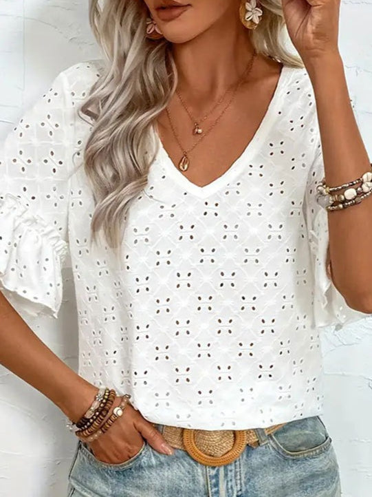 Knit Embroidered Cutout V-Neck Ruffle Top N6F194