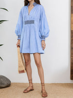 Load image into Gallery viewer, V-Neck Pleated Shirtdress Women Blue N6D142