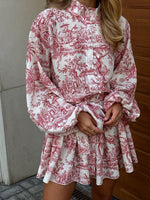 Load image into Gallery viewer, Ink Print Puff Sleeve Stand Collar A-line Dress Women N6C190