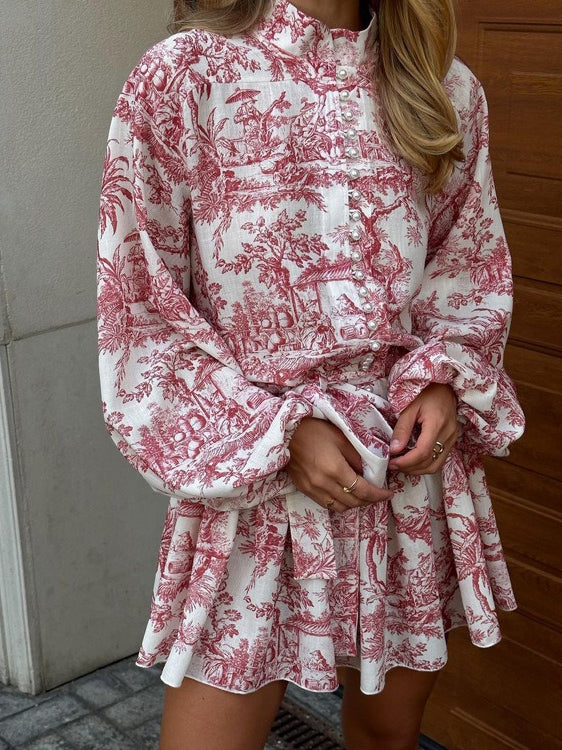 Ink Print Puff Sleeve Stand Collar A-line Dress Women N6C190