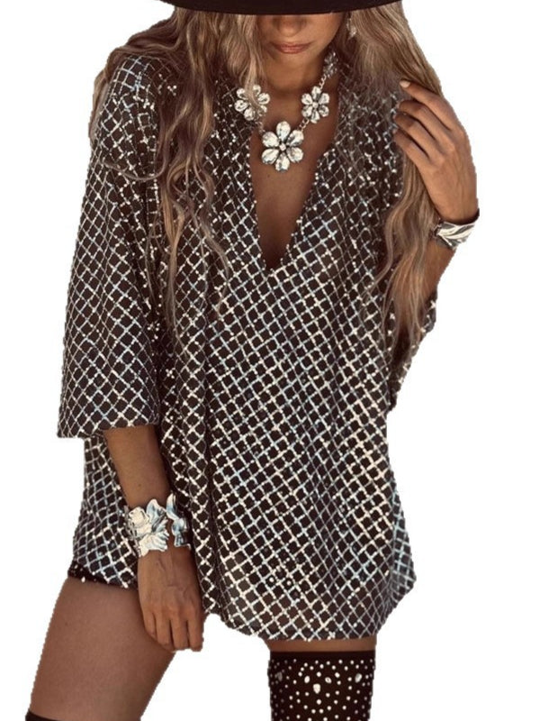 Sequin Square Neck Mini Dress Women Silver N5A276