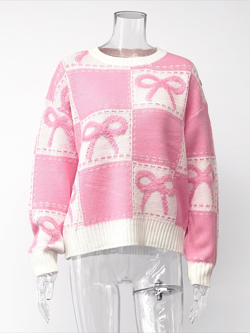 Sweet Bow Detail Pink Acrylic Knit Sweater Loose Fit N6G129