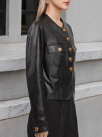 Load image into Gallery viewer, PU Round Metal Button Crop Coat Lightweight Black N5Z580