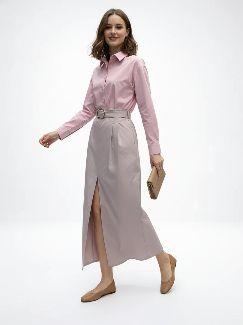 Pink High Slit Shirt and Skirt Set Women N6C183