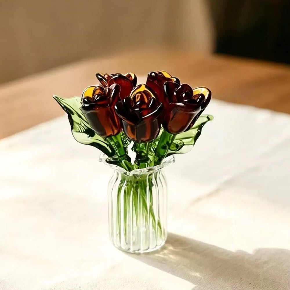 Handmade Glass Rose Tulip Bouquet Crystal Vase Decor N6G007