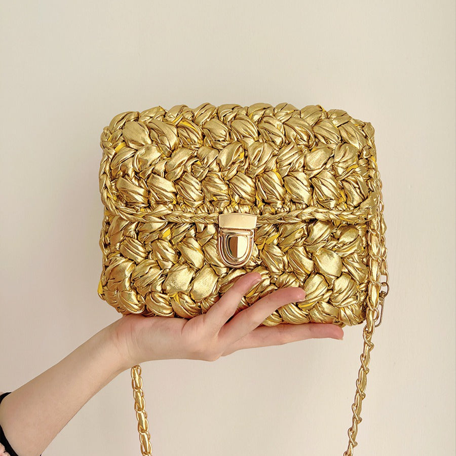 Handwoven Metallic Shiny Crossbody Bag Lock Closure N6F088