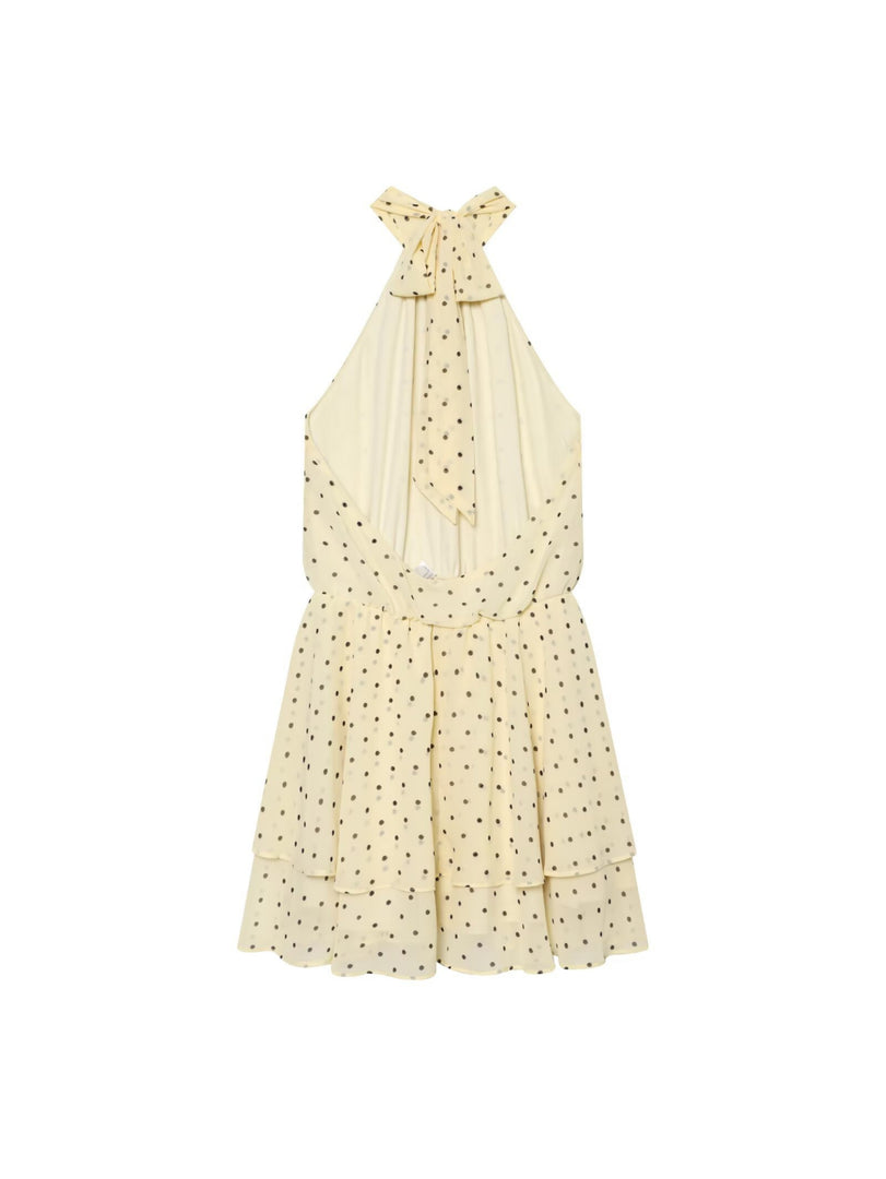 Yellow Polka Dot Chiffon Halter Dress Backless N6F198