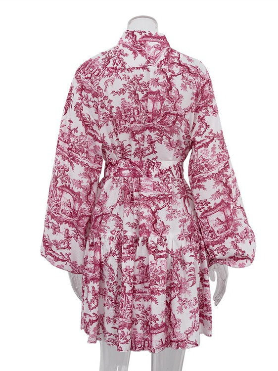 Ink Print Puff Sleeve Stand Collar A-line Dress Women N6C190