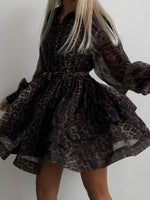 Load image into Gallery viewer, Leopard Print Chiffon Dress with Lapel and Puff Sleeve N6C192
