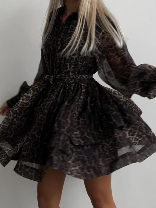Leopard Print Chiffon Dress with Lapel and Puff Sleeve N6C192