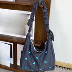 Load image into Gallery viewer, Women's Embroidered Denim Ruched Drawstring Tote Bag N6J191