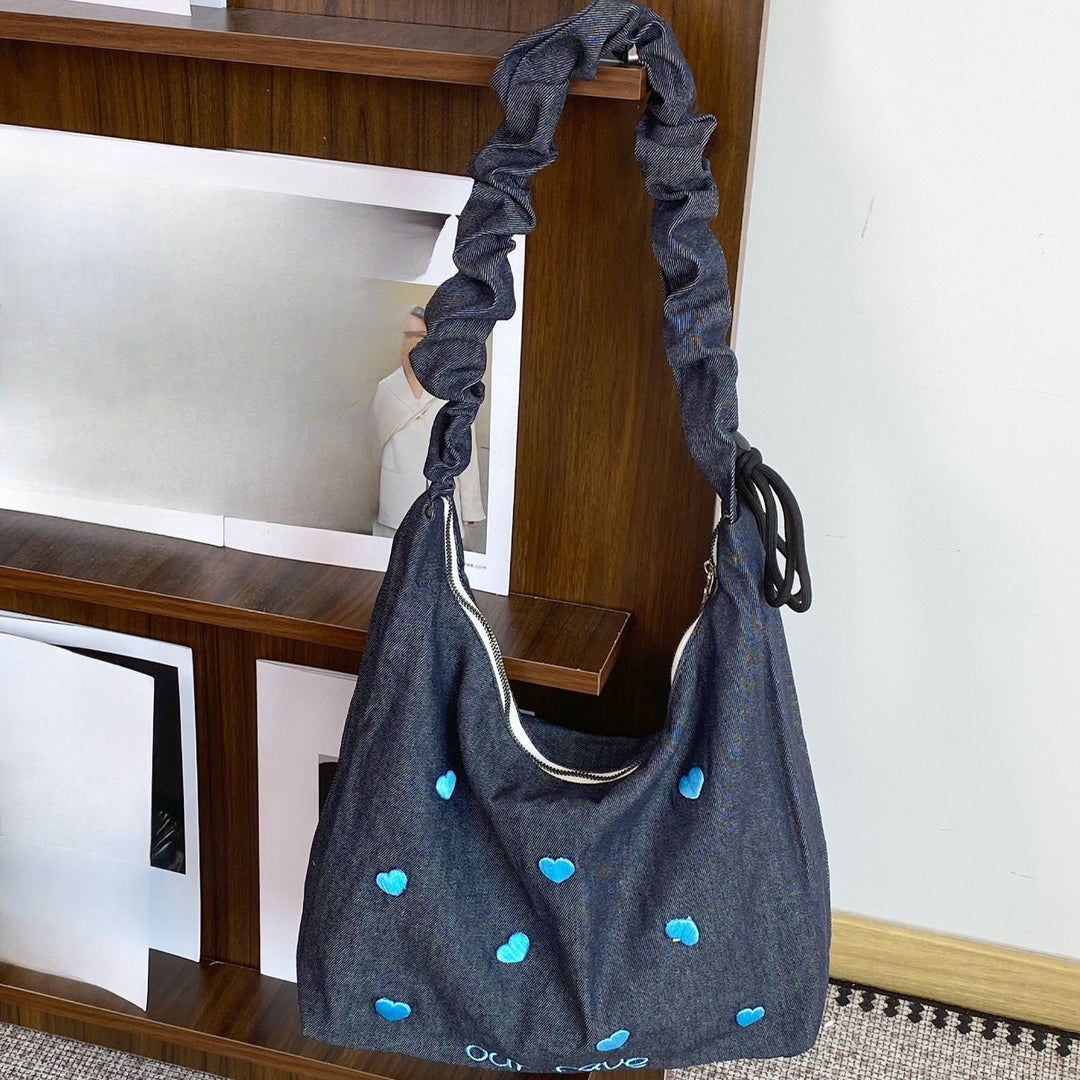 Women's Embroidered Denim Ruched Drawstring Tote Bag N6J191