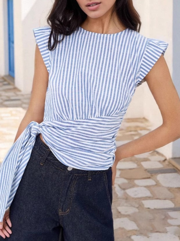 Blue Striped Round Neck Sleeveless Slim Crop Top N6F227