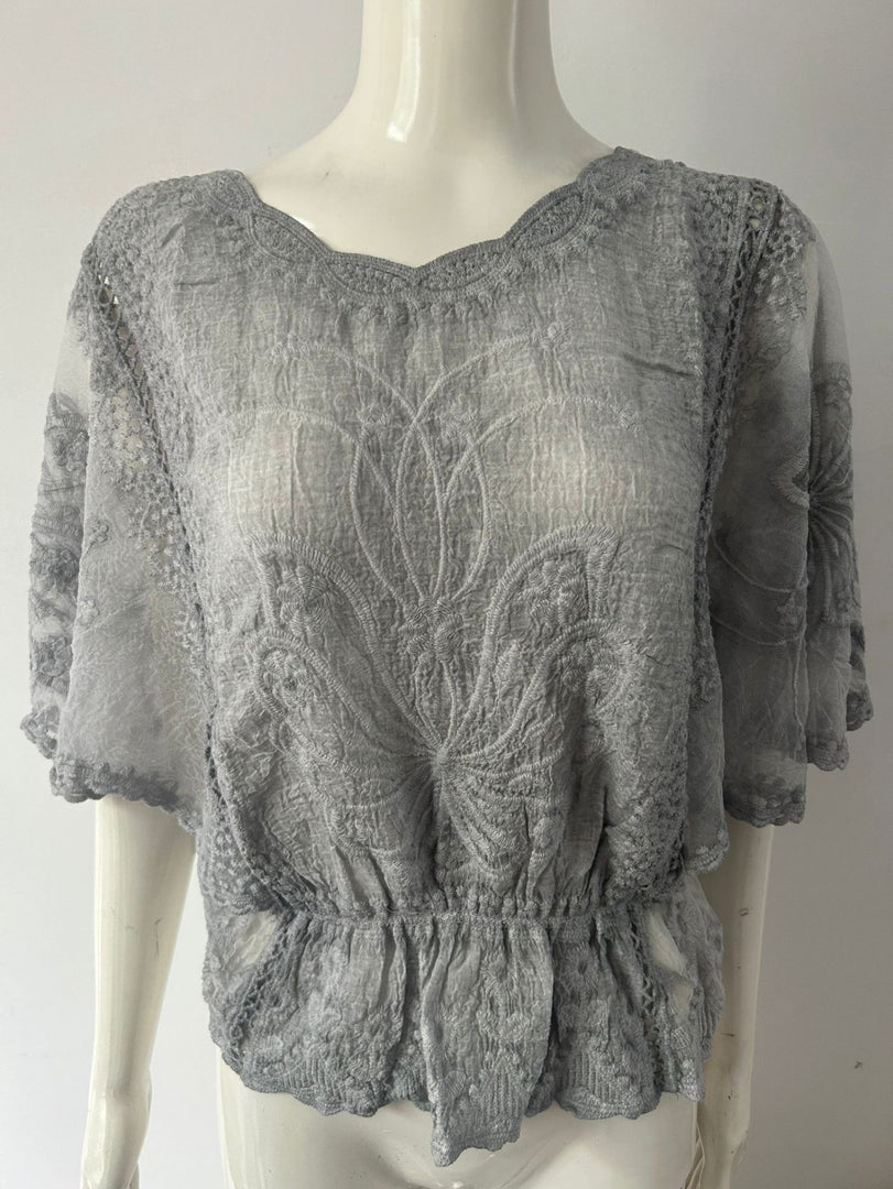 Lace Ruffle Batwing Sleeve Blouse Women Chiffon N6G269