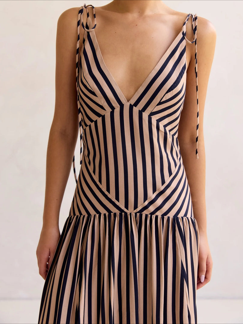 Summer Striped Tie-Waist V-Neck Maxi Dress N6F027