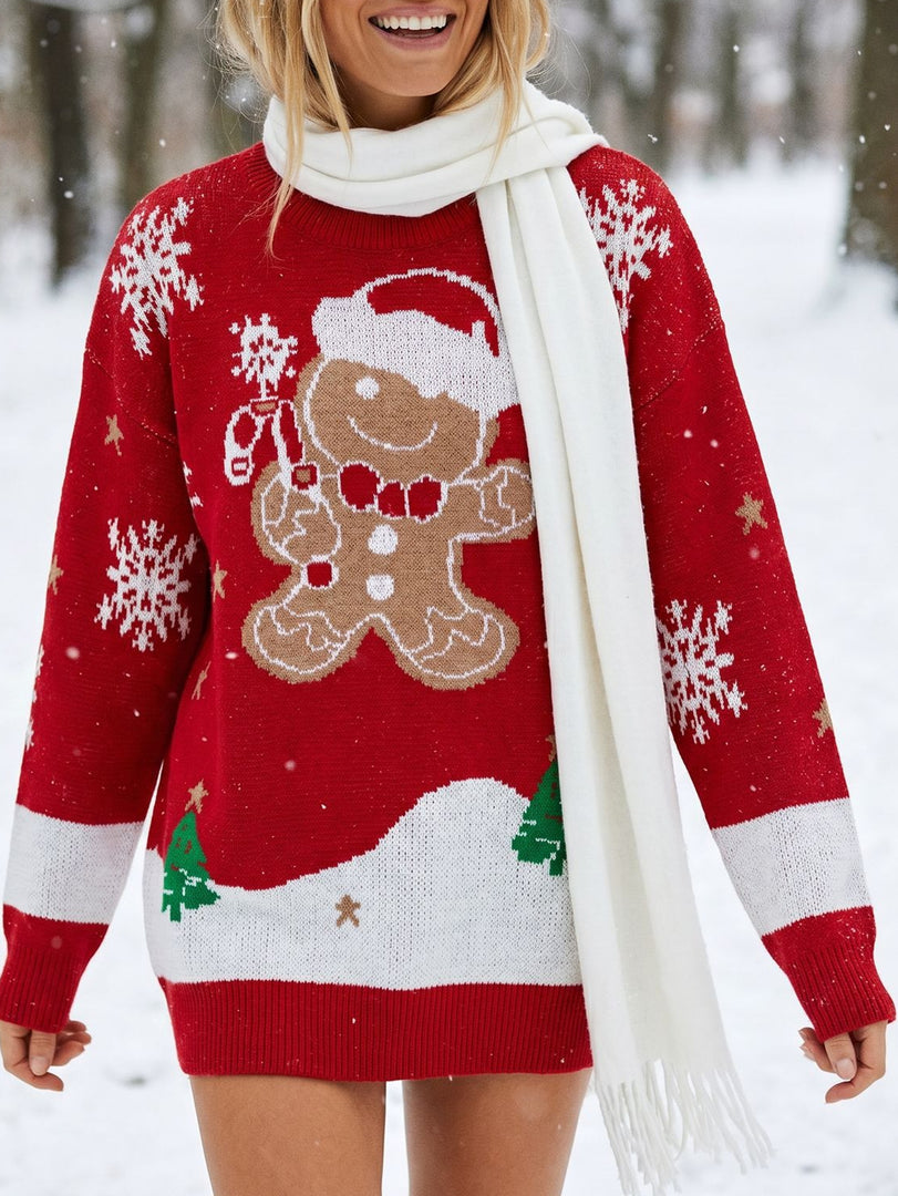 Loose Round Neck Gingerbread Man Jacquard Sweater N6H321