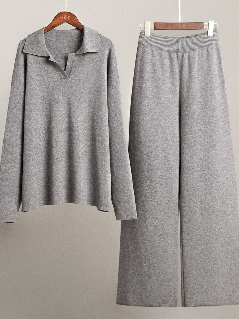 Knit Set Polo Neck Pullover Wide Leg Pants Two-Piece N6G137
