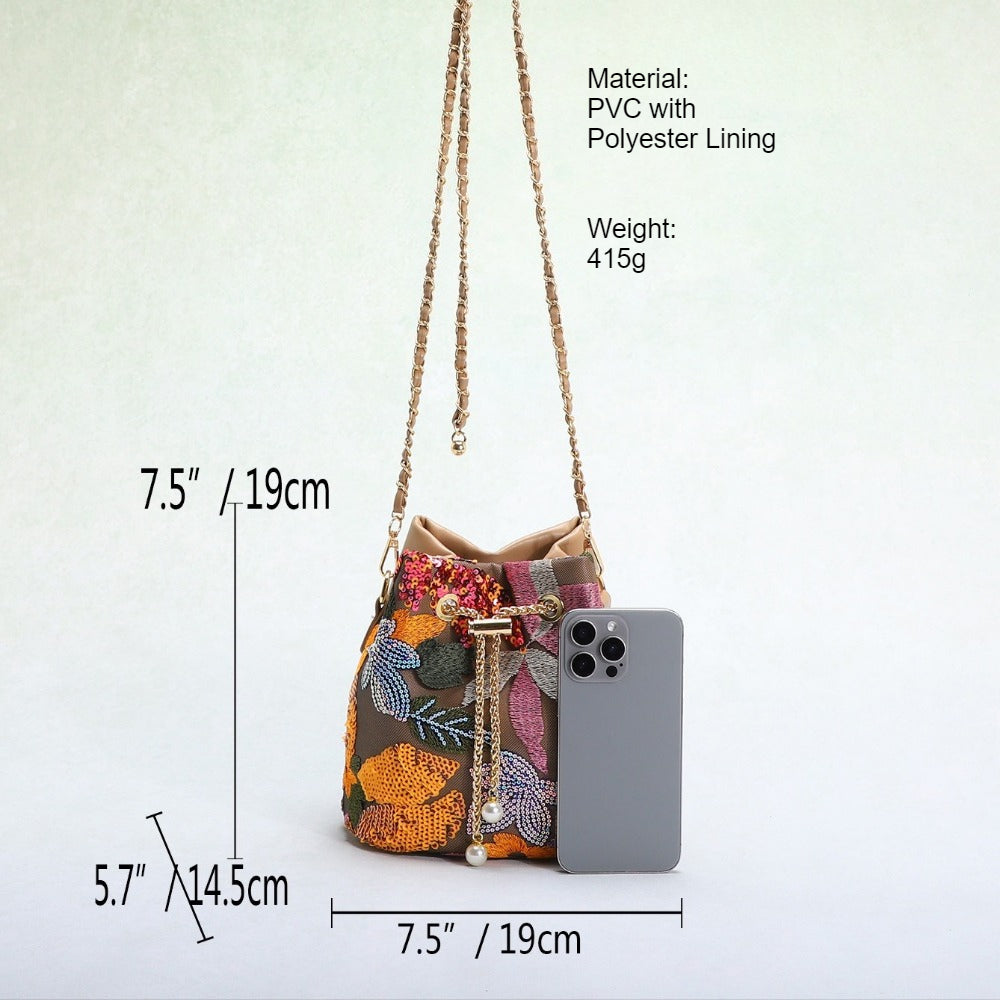 Floral Embroidered Sequin Mesh Bucket Bag Women N6E010