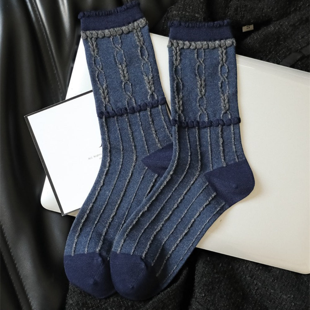 Blue Vintage Floral Stack Socks Women Mid-Calf Cotton N6H017