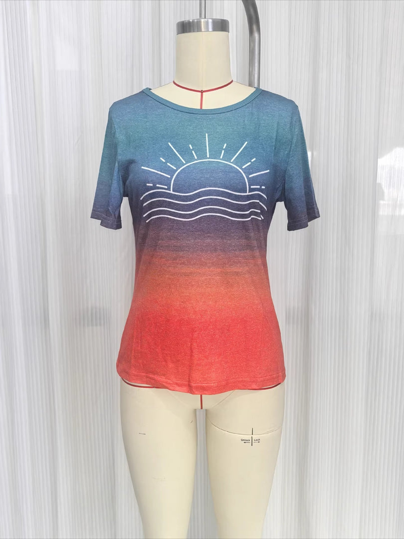 Sun Print Round Neck Short Sleeve T-shirt Women N6D103