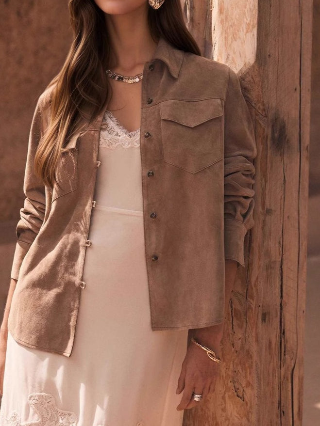 Suede Notch Lapel Multi-Pocket Loose Jacket Women N6C128