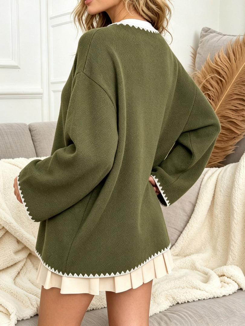 Short Contrast Trim Button Pocket Coat Women N6H042