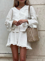 Load image into Gallery viewer, Long Sleeve Ruffle Sleeve Shirt High Waist Shorts Set N6D108