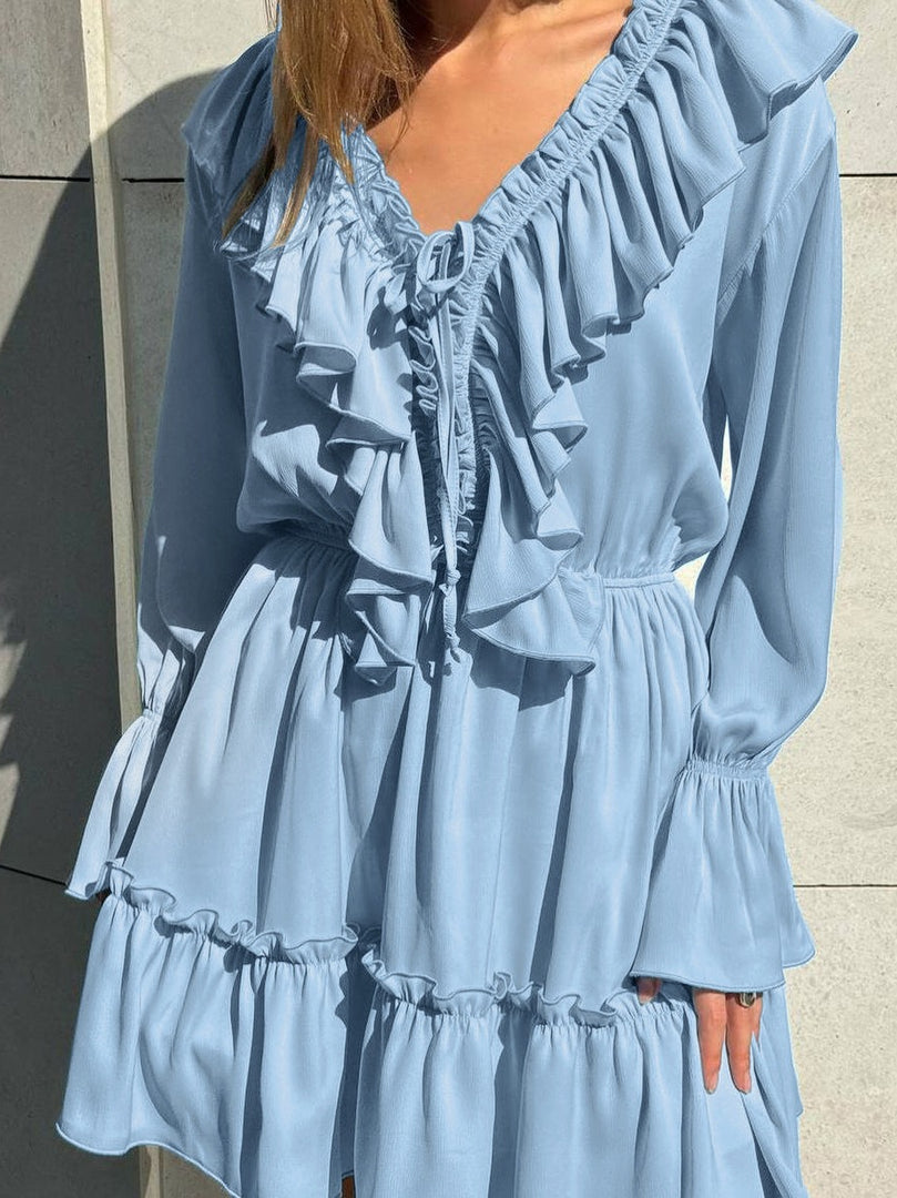 V-neck Ruffle Sleeve Flared Hem Dress Women N6C191