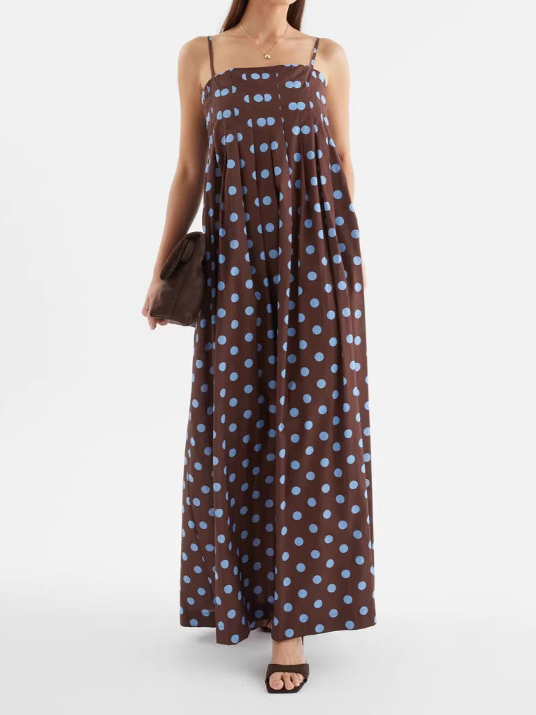 Polka Dot Pleated Midi Dress Sweet Spaghetti Strap N6F030