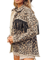 Load image into Gallery viewer, Fringe Leopard Denim Jacket Women Washed N5A118
