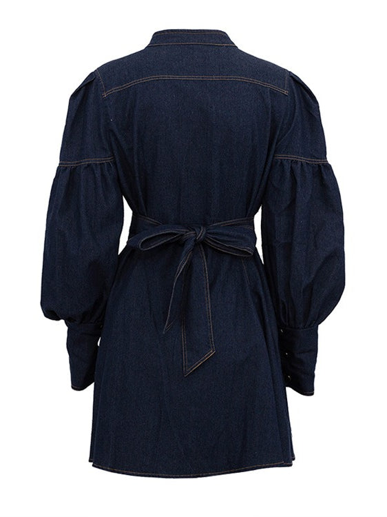 Denim Shirt Dress with Lantern Sleeve and Tie Belt  N6C194