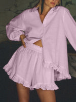 Load image into Gallery viewer, Striped Puff Sleeve Lapel Shirt and Shorts Set Women N6C188
