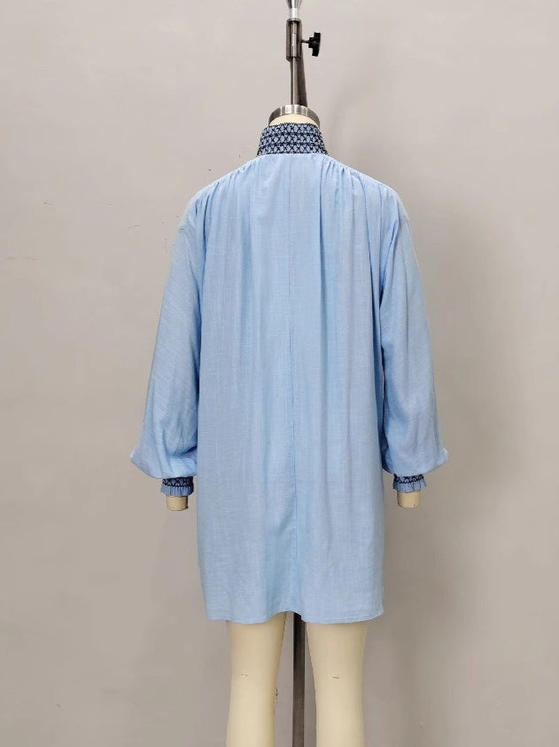 V-Neck Pleated Shirtdress Women Blue N6D142
