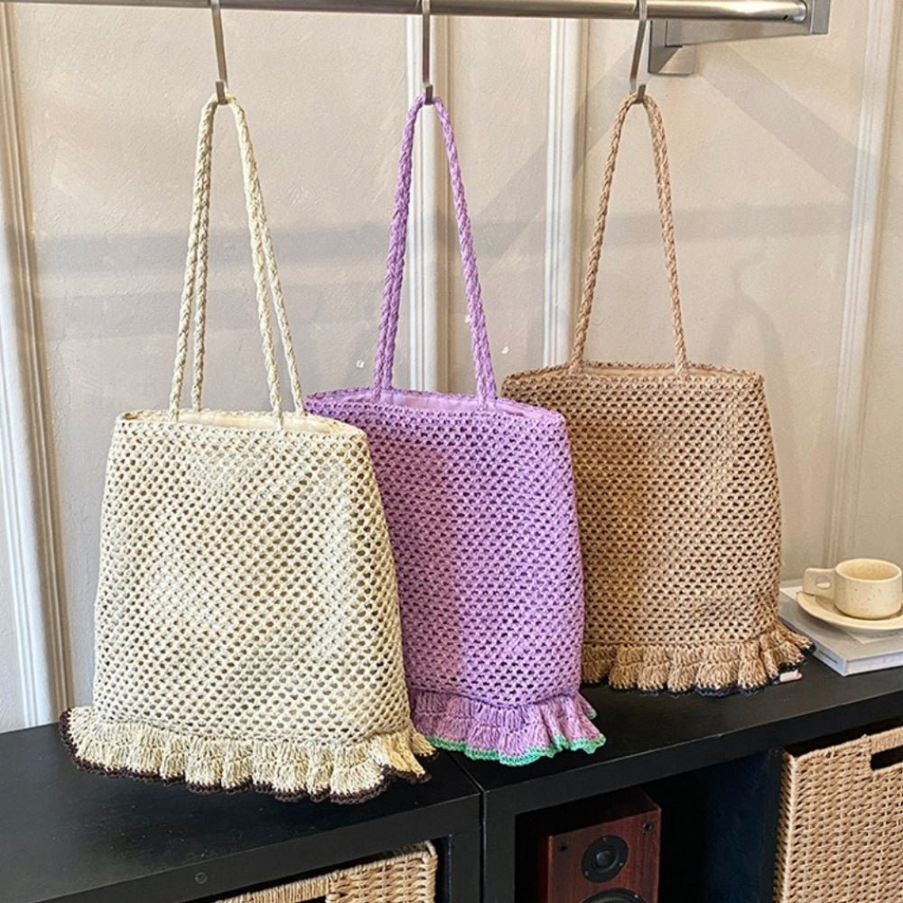 Ruffle Hem Openwork Straw Shoulder Bag with Zipper N6E055