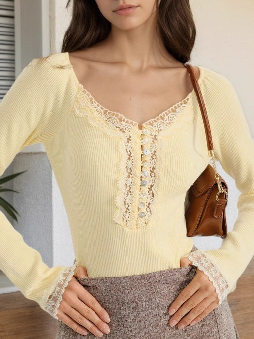 Lace Collar Knit Top Women Button Front Shirt N5A063