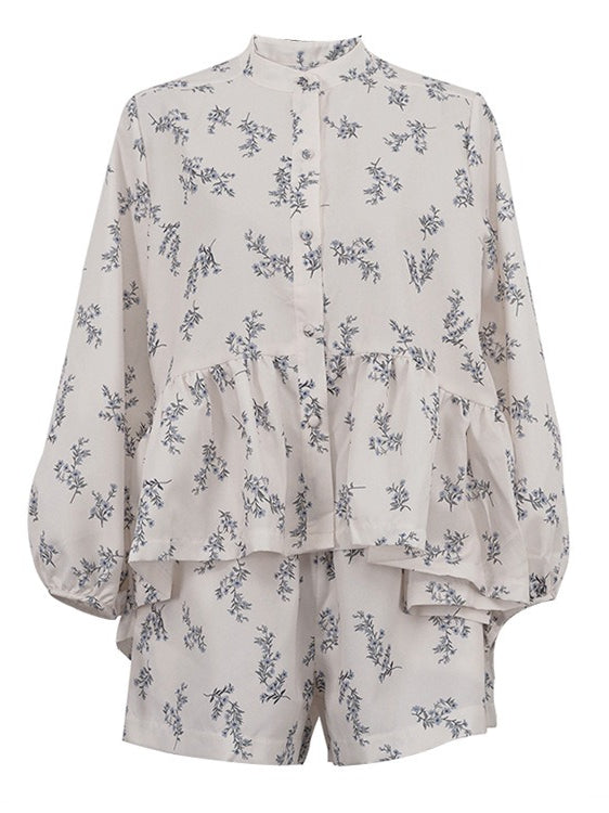 French Puff Sleeve Crop Top and Shorts Set Women N6C189