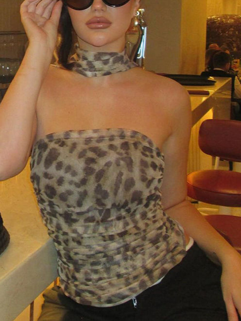 Womens Leopard Halter Strapless Slim Top N25A175