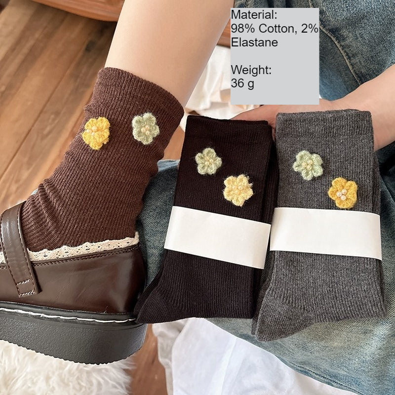 Pearl Flower Fresh Mid-Calf Socks Women Soft Cotton N6H037