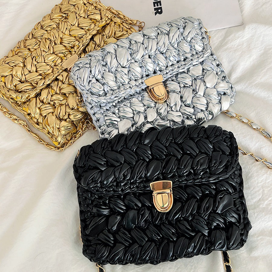 Handwoven Metallic Shiny Crossbody Bag Lock Closure N6F088