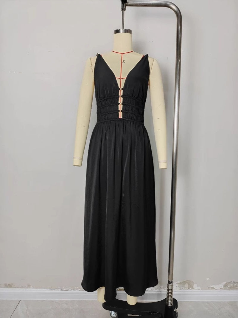 Black Deep V Spaghetti Strap Maxi Dress Women N6F221