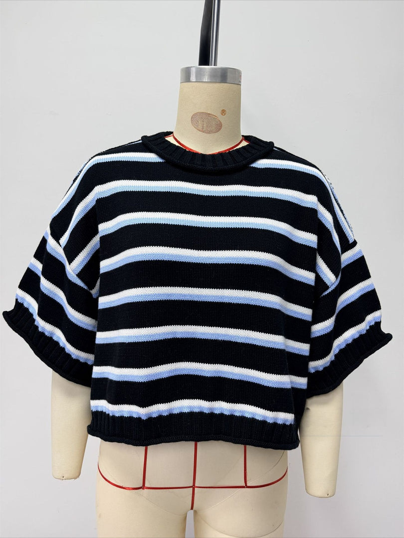 Short Sleeve Round Neck Striped Knit Pullover Women N6G189