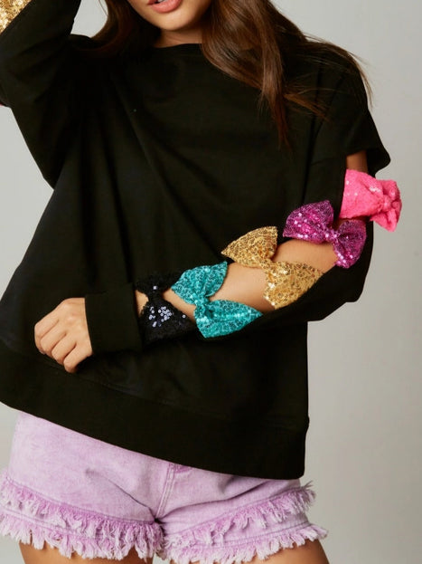 Bow Sequin Sweatshirt Long Mid Weight Black White N5Z802