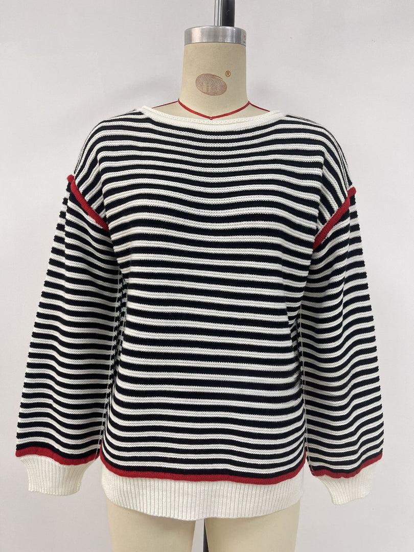 Striped Round Neck Oversized Knit Pullover Women N6G188