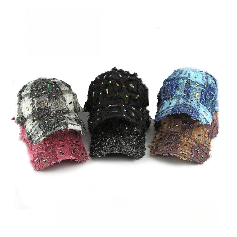 Distressed Plaid Baseball Cap Rhinestone Frayed  N6G210