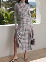 Load image into Gallery viewer, Stand Collar Plaid Dress Women N5A451