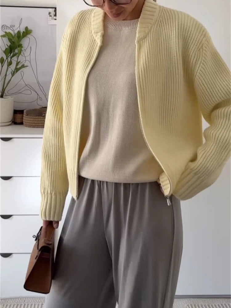 Simple Double Zip Round Neck Knit Cardigan Women N6G259
